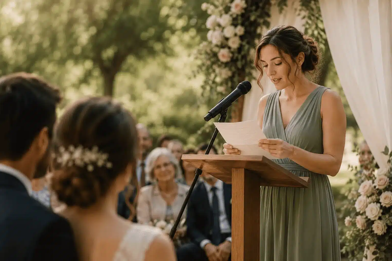 Familiar leyendo unas palabras durante una ceremonia de boda personalizada