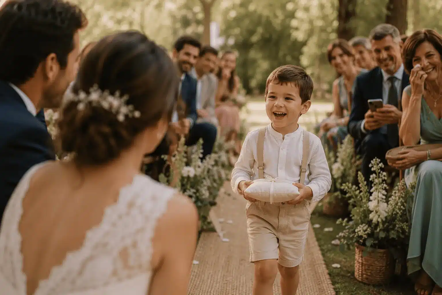 Niño participando de forma natural y espontánea en una ceremonia de boda