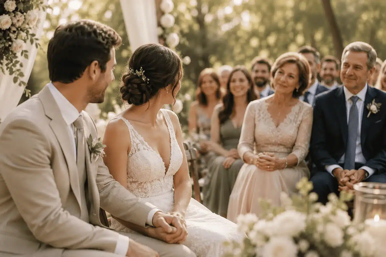 Pareja mirando con emoción a sus familiares durante la ceremonia de boda