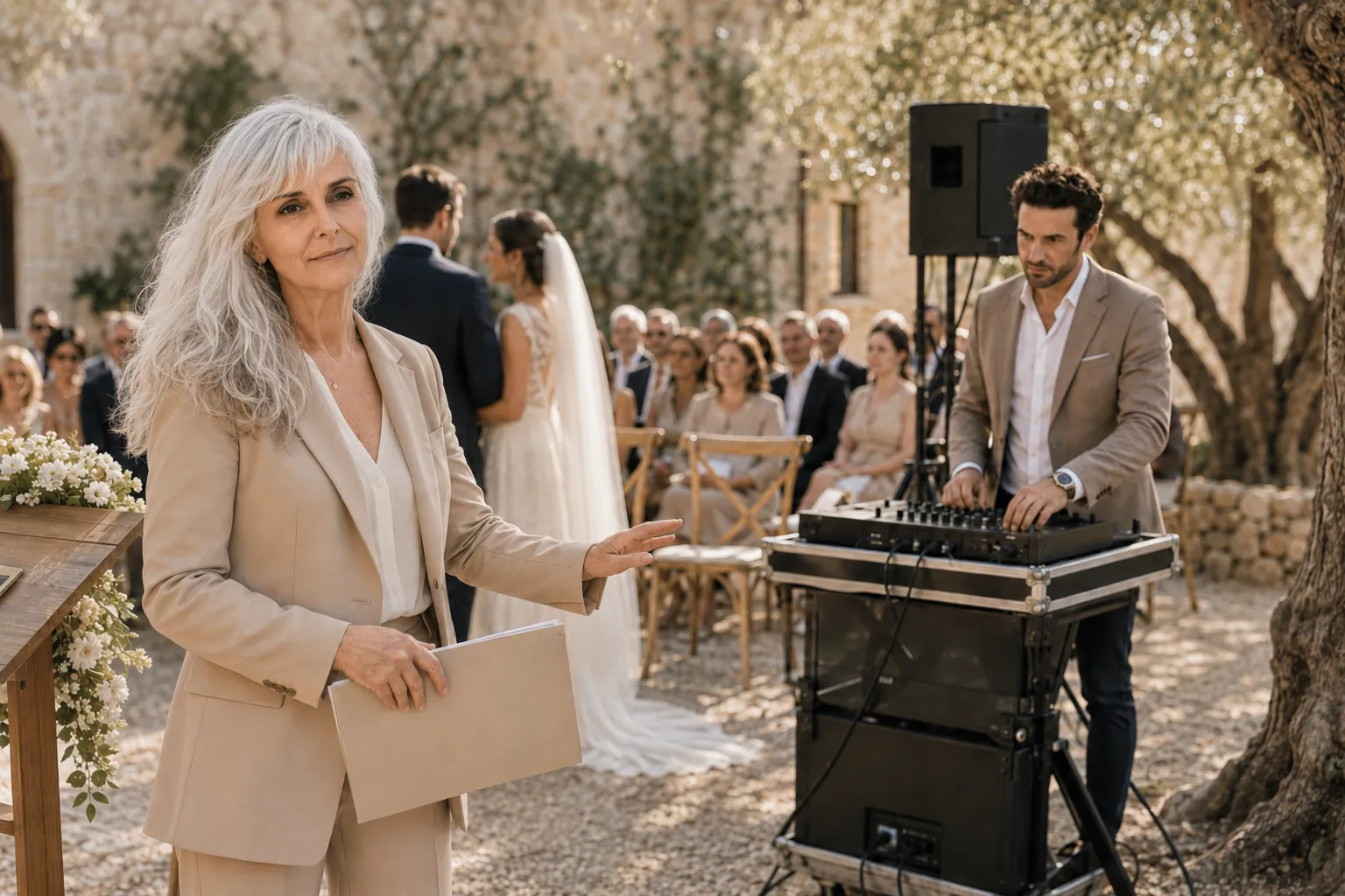 maestra de ceremonias dando una señal discreta al DJ durante una boda