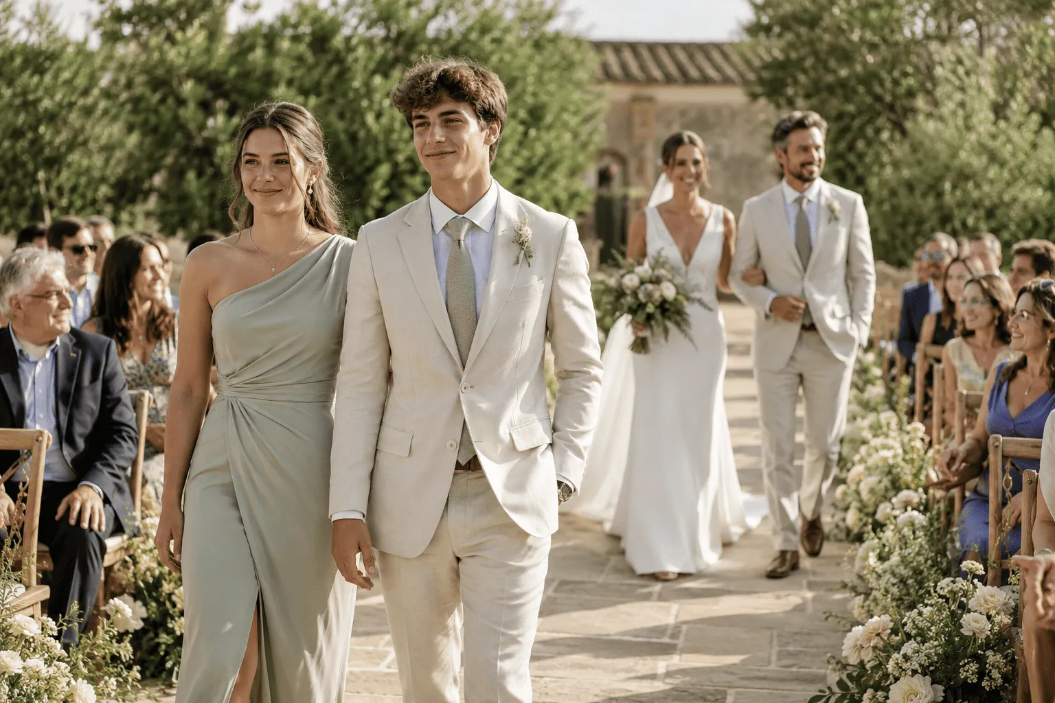 hijos mayores acompañando a sus padres en el cortejo de entrada de la boda