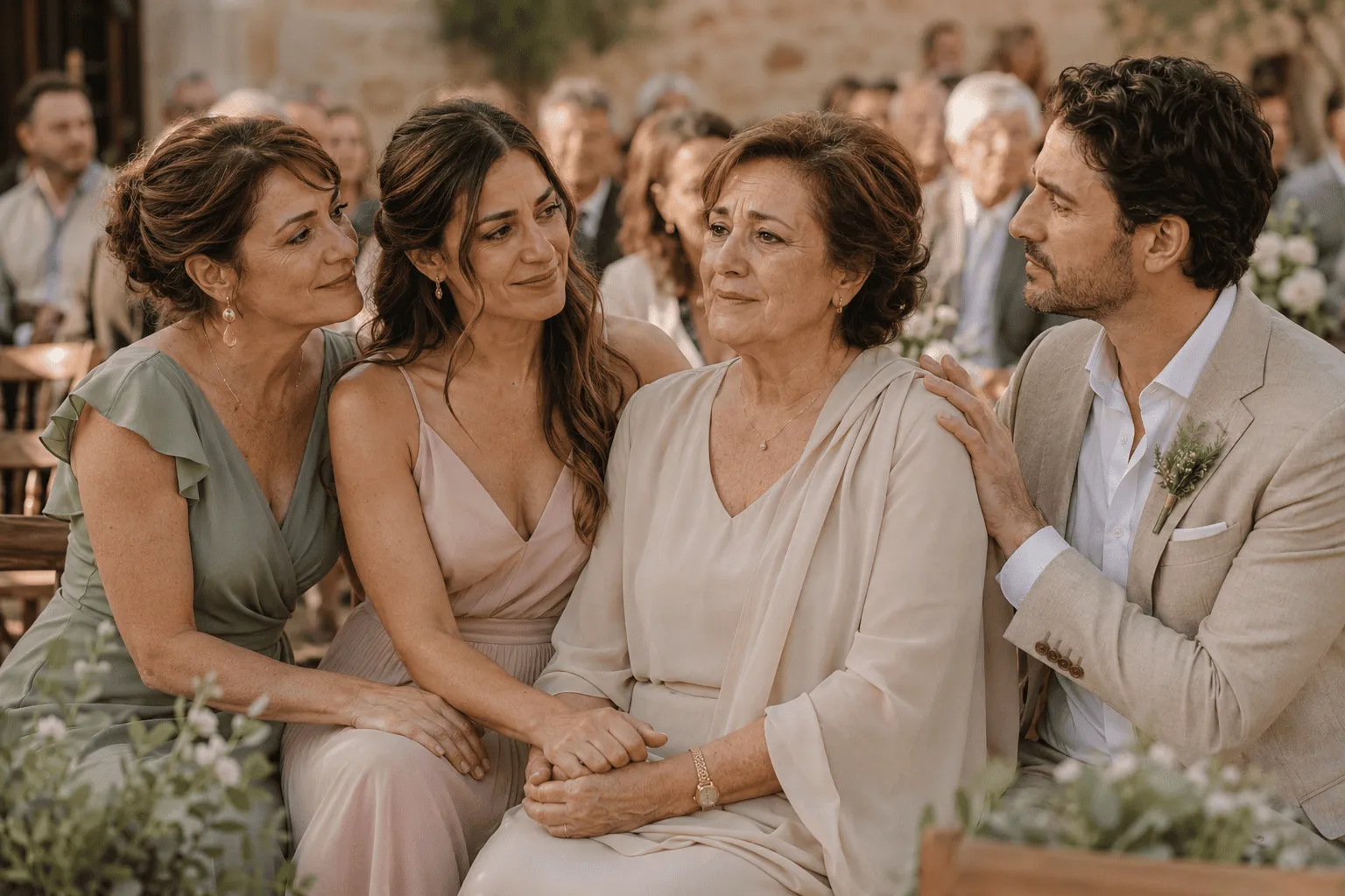familiares unidos durante un recuerdo breve y respetuoso en una ceremonia de boda