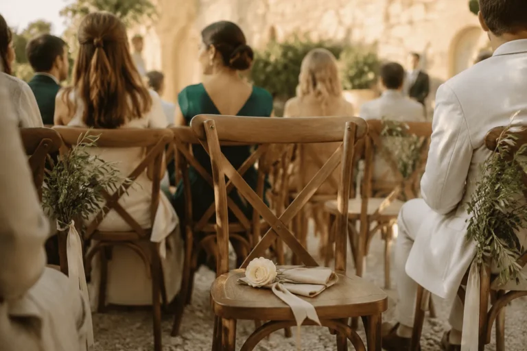recordar a los ausentes en una boda con una silla reservada y una flor