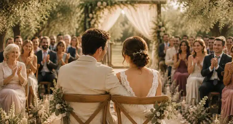 Familia e invitados participando en una ceremonia de boda