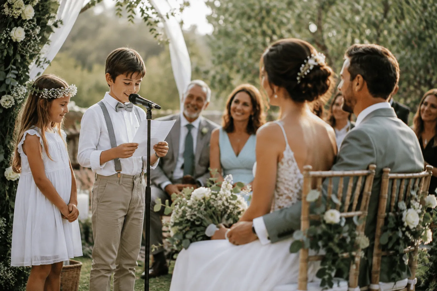 pareja con hijos de relaciones anteriores durante una ceremonia de boda familiar