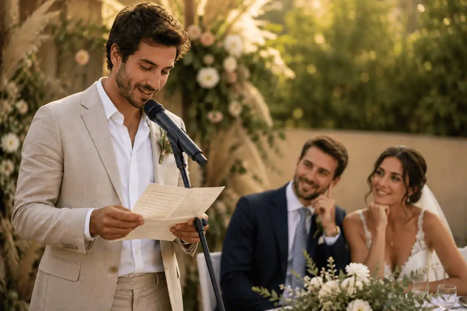 familiar realizando una lectura de boda personalizada durante la ceremonia