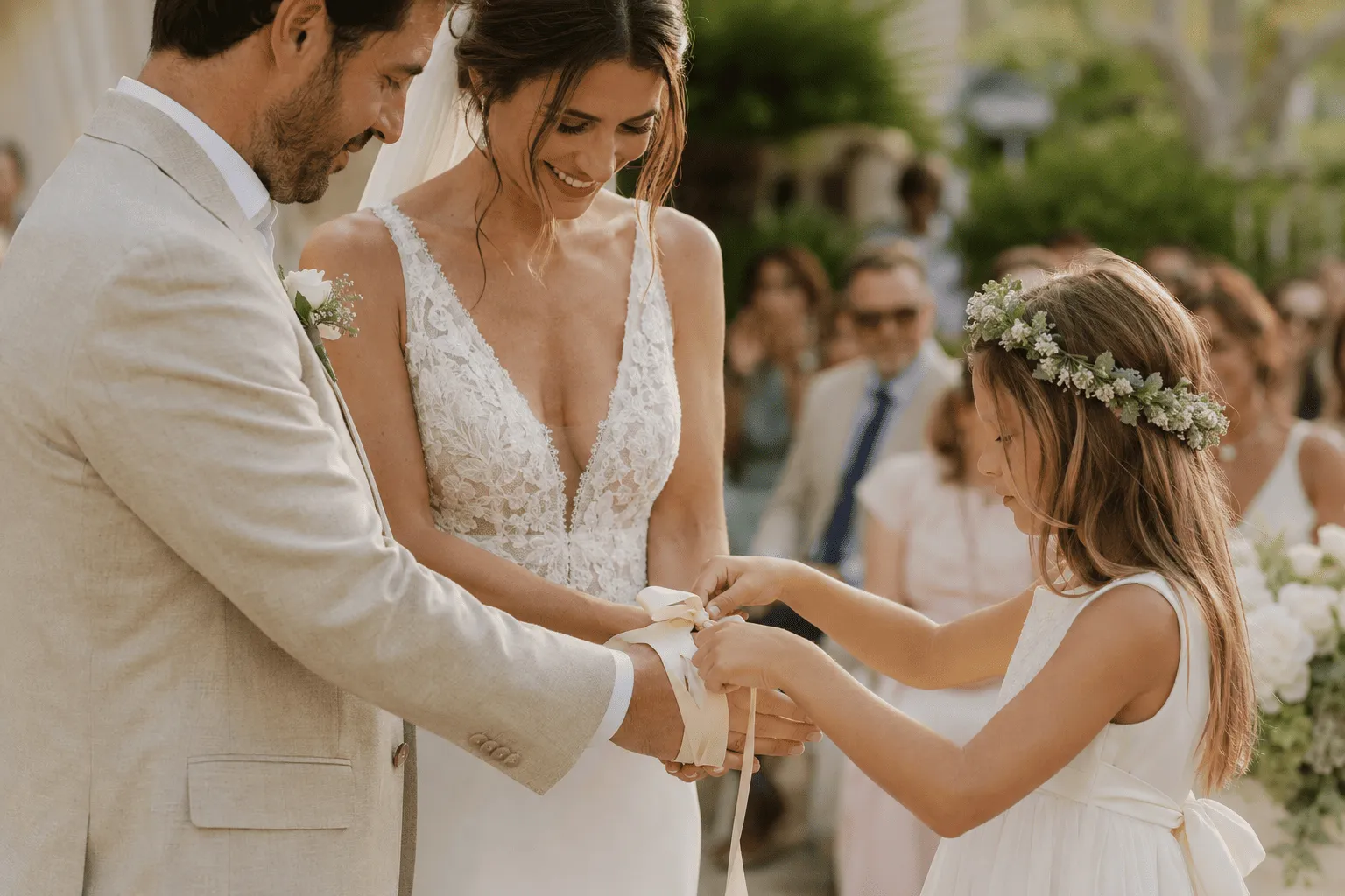 pareja con sus hijos en la ceremonia de boda celebrando su familia