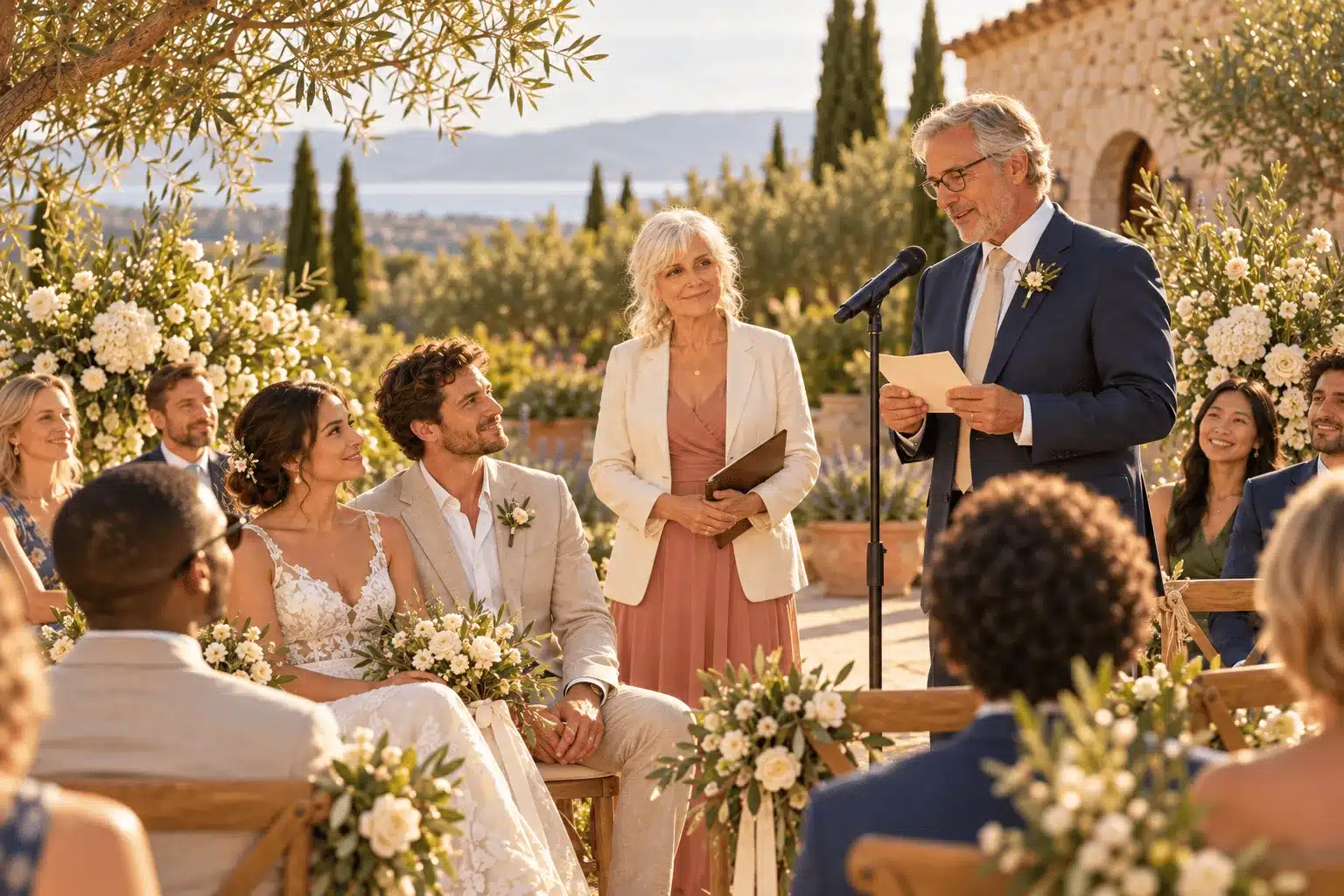 Lectura familiar durante una boda bilingüe con invitados internacionales
